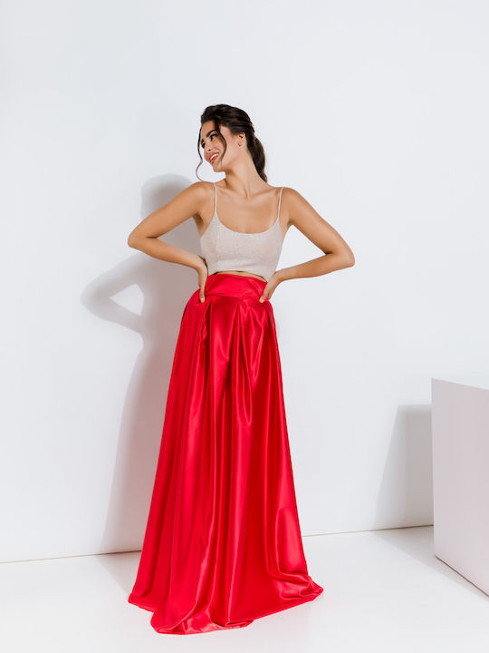 Anna Aktsali Collection Satin Pleated Skirt in Red color