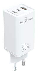 Powertech Ladegerät ohne Kabel GaN mit USB-A Anschluss und 2 USB-C Anschlüsse 65W Stromlieferung / Schnellaufladung 4.0 Weißs (PT-1094)