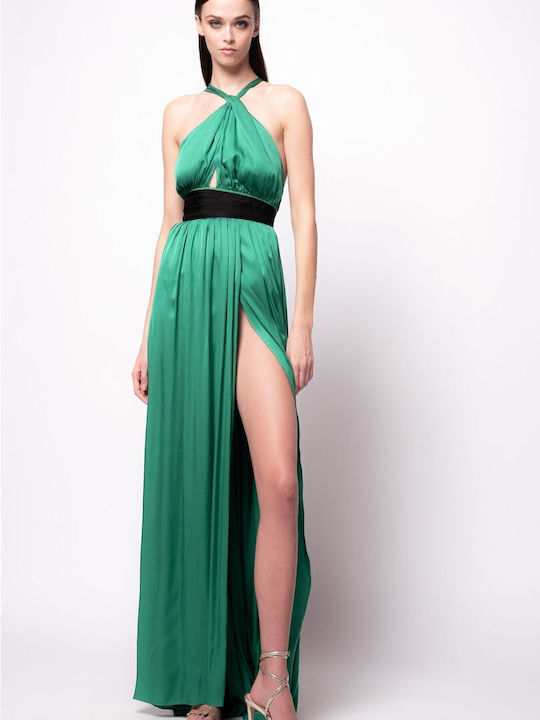 Pinko Rochie Maxi de Seară din Satin cu Deschizătură Verde