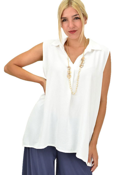 Potre Women's Summer Blouse Sleeveless with V Neckline White