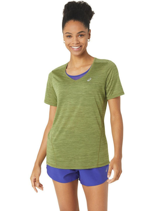 ASICS Damen Sport T-Shirt mit V-Ausschnitt Grün