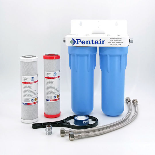 Pentair Duo 3GSL-10 Sistem de Filtrare a Apei Dublu Sub blat cu Filtru de Schimb Pentek WE-CTO-10 5μm, Pentek WE-PB-10 0,5μm