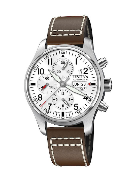 Festina Мъжки Часовник Хронограф Автоматичен с Кафява Кожена Каишка