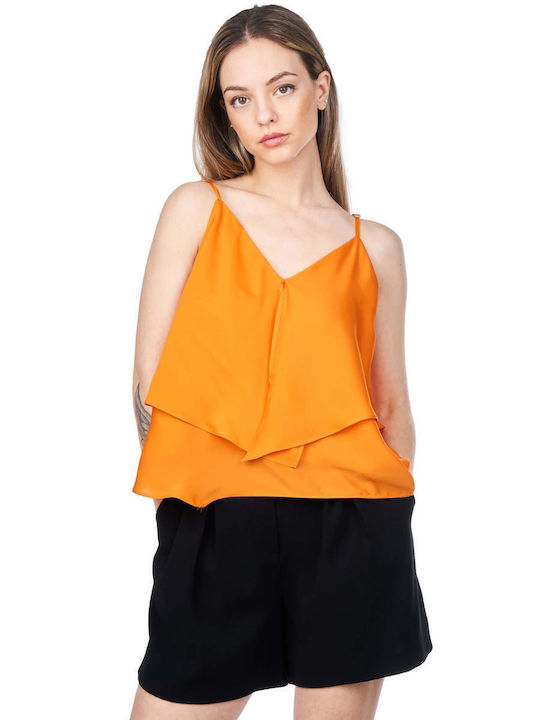 Γυναικείο Καλοκαιρινό Crop Top Σατέν Ντραπέ Αμάνικο Πορτοκαλί