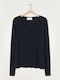 American Vintage Women's Long Sleeve Sweater Woolen with V Neckline Navy Blue