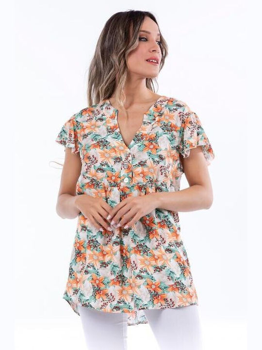 Bellino Damen Sommer Bluse Kurzärmelig mit V-Ausschnitt Blumen Mehrfarbig