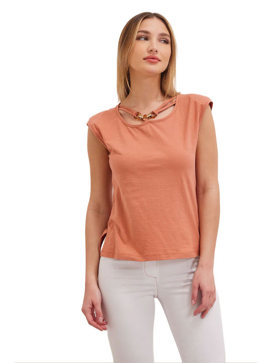 Enzzo Women's Summer Blouse Cotton Sleeveless Orange