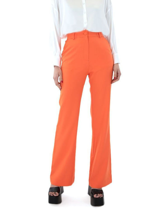 MY T PANTS Women's High-waisted Fabric Trousers in Straight Line Orange