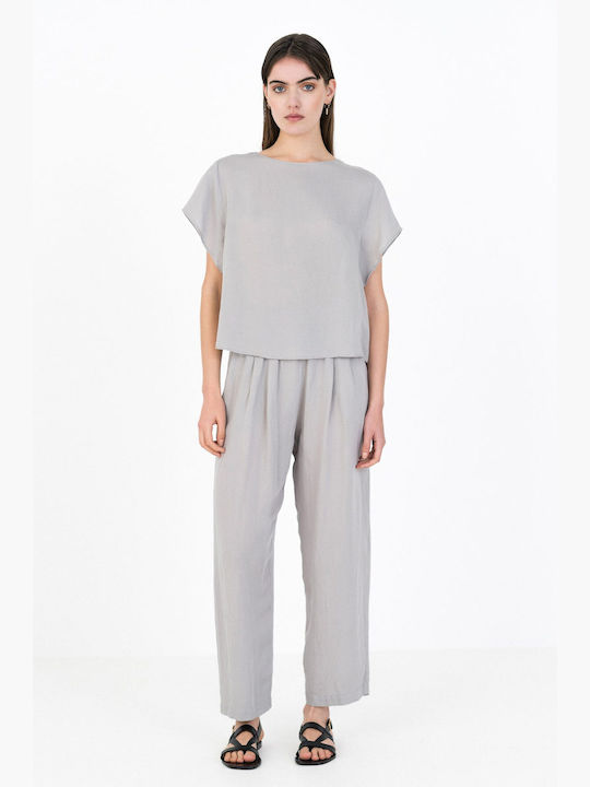 Women's High-waisted Fabric Trousers with Elastic Gray
