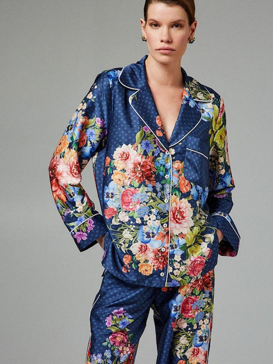 BSB Langärmelig Damen Satin Hemd Marineblau Blumen