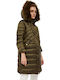 Women's Long Puffer Jacket for Winter with Hood Khaki