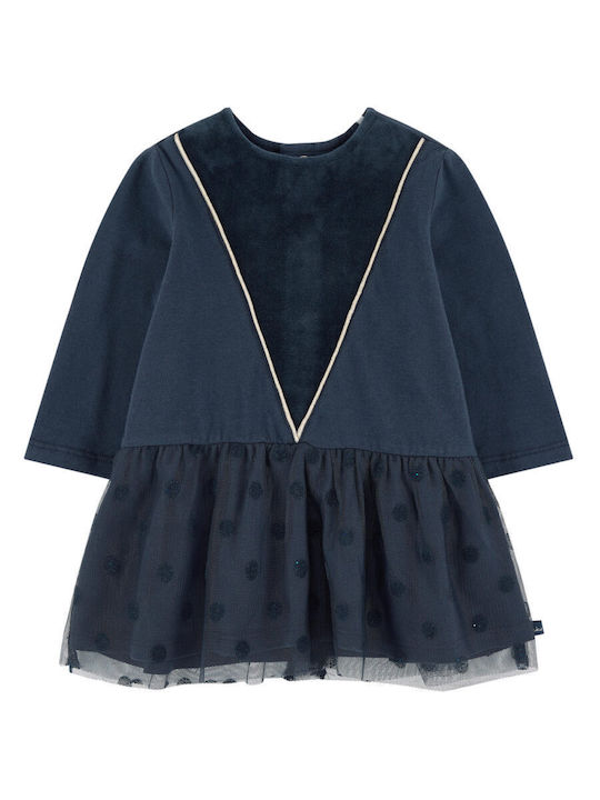 Ikks Kids Dress Velvet Long Sleeve Navy Blue