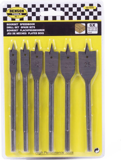 Benson Set of 6 Feather Drills with Cylindrical Shank for Wood