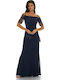 Summer Maxi Dress for Wedding Christening Off-Shoulder with Lace Navy Blue