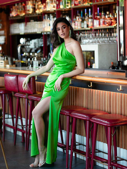 RichgirlBoudoir Καλοκαιρινό Maxi Βραδινό Φόρεμα Σατέν Εξώπλατο με Σκίσιμο Πράσινο