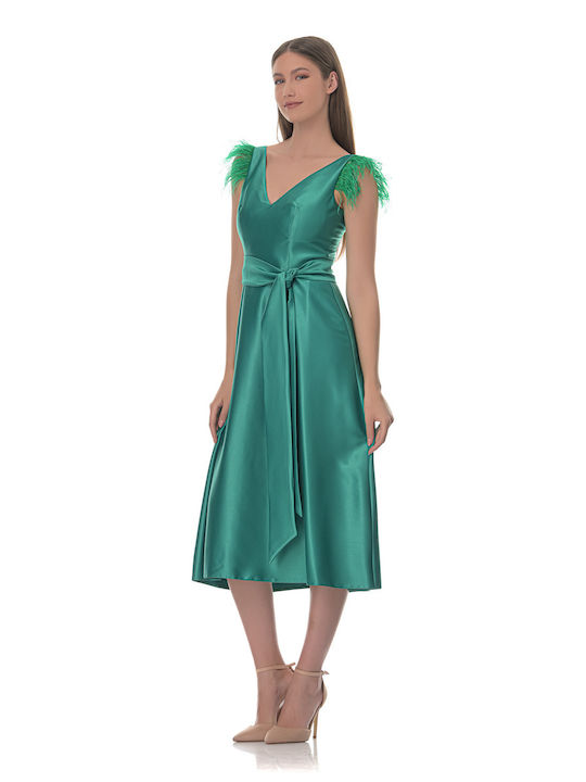 Farmaki Καλοκαιρινό Midi Φόρεμα για Γάμο / Βάπτιση Σατέν Πράσινο