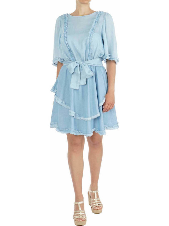 Pinko ABITO Summer Mini Dress Denim with Ruffle Blue