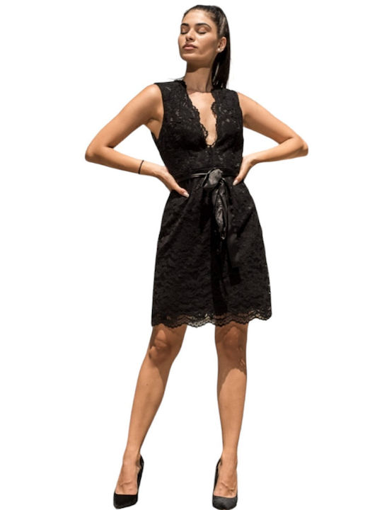 Freestyle Satin Dress With Lace Evening Black