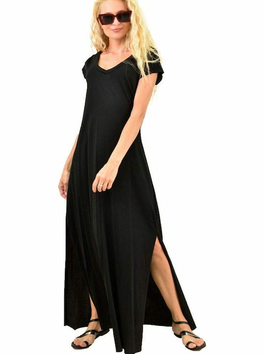 First Woman Summer Maxi Dress with Slit Black