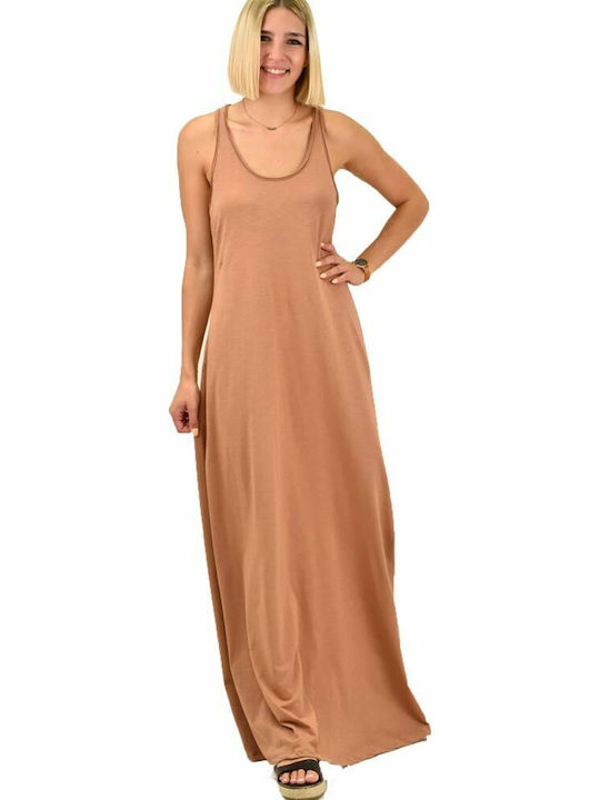 First Woman Summer Maxi Athletic Dress Sleeveless Brown
