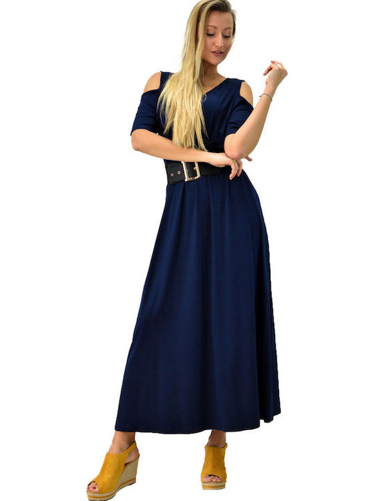 First Woman Maxi Βραδινό Φόρεμα Κρουαζέ Navy Μπλε