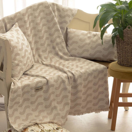 Aslanis Home Pinovo Zweisitzer-Sofa Überwurf Chenille 180x250cm Beige / Sand
