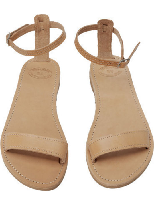 Leather Women's Flat Sandals with Strap in Beige Color