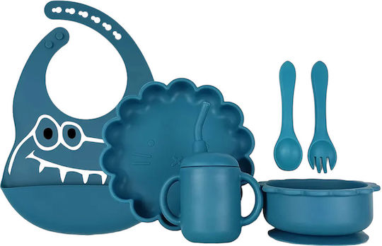 Queen Mother Dino Silicone Feeding Set with Anti-Slip Base Blue 5 Pieces for 6+ Months