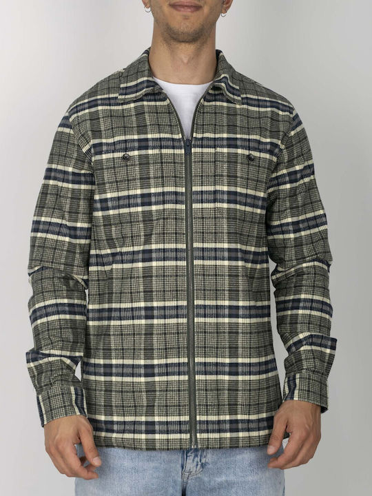 Μακρυμάνικo Βαμβακερό Overshirt σε Κανονική Γραμμή Καρό Πράσινο