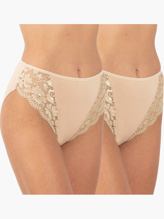 Tai Plus Ψηλόμεσα Γυναικεία Slip 2Pack χωρίς Ραφές με Δαντέλα Μπεζ