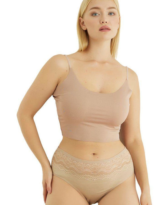 Sexen Cotton Women's Slip with Lace Beige