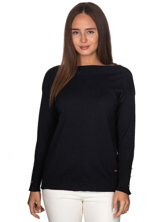 Vera Women's Blouse Cotton Long Sleeve with Boat Neckline Black