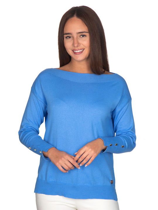 Vera Women's Blouse Cotton Long Sleeve with Smile Neckline Blue