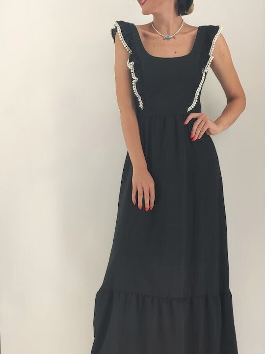 Sushi's Closet Maxi Evening Dress Open Back with Ruffle Black