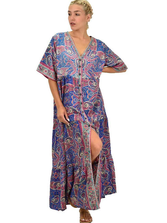 Potre Summer Maxi Shirt Dress Dress with Ruffle Navy Blue