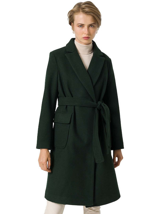 Tiffosi Γυναικείο Πράσινο Παλτό με Ζώνη