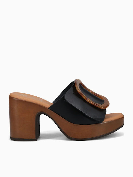 Leather Mules with Chunky High Heel in Black Color