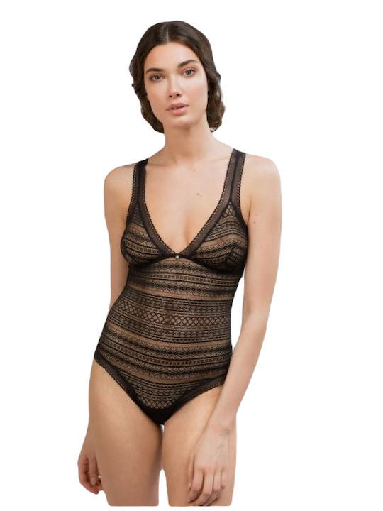 Gisela Lingerie Spaghetti Strap Bodysuit with Mesh & Lace Black