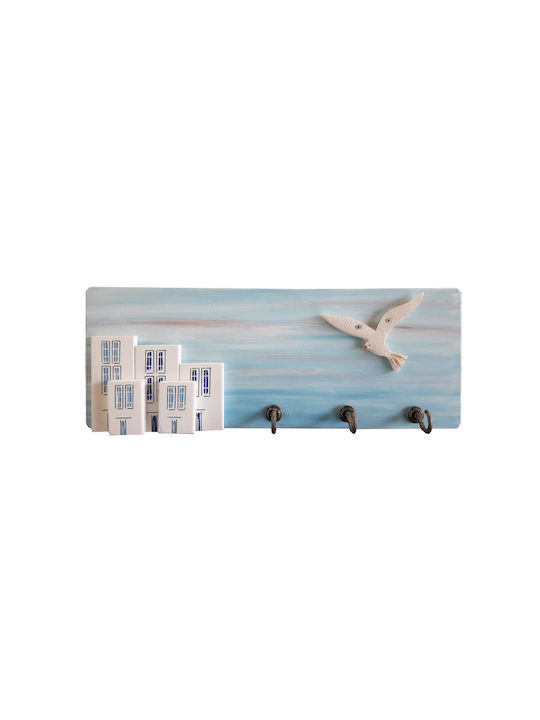 Kapadakis Wood Art Wall Hanger Wooden 3 Hooks Blue 40x3x15cm