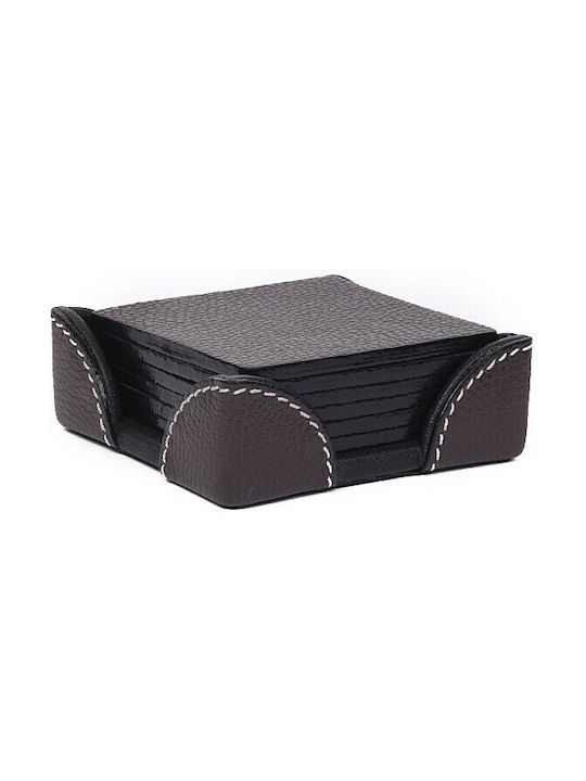 BagCity PU Brown Coasters with Stand 6pcs