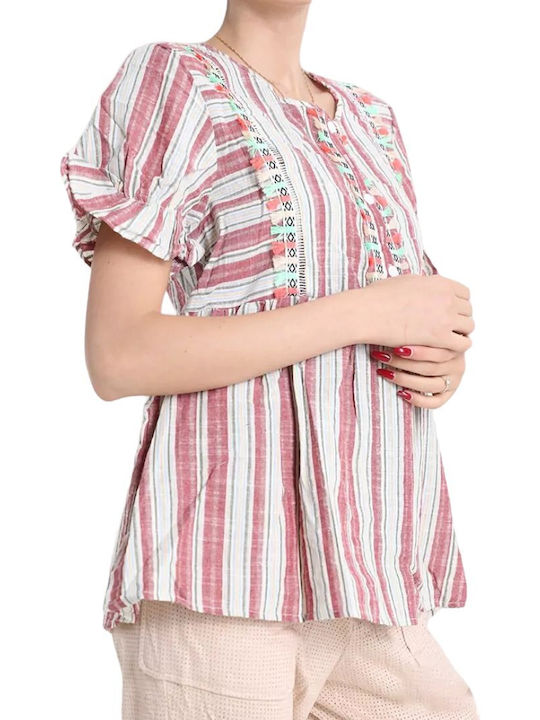 Remix Women's Summer Blouse Short Sleeve Striped Red