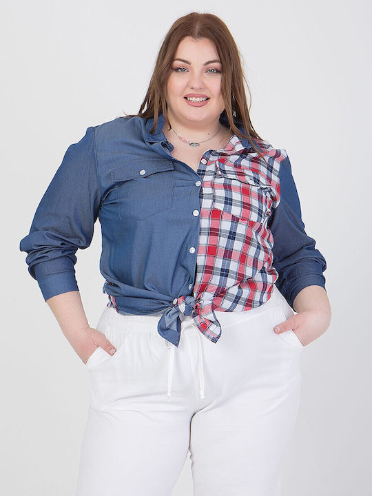 Women's Denim Checked Long Sleeve Shirt Blue