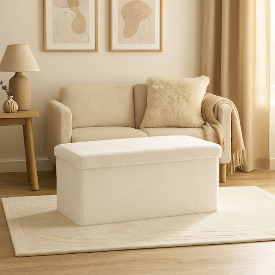 Taburet cu Spațiu de Depozitare Tapițat cu Țesătură Bouclé Ezzio Alb 76x38x38 cm