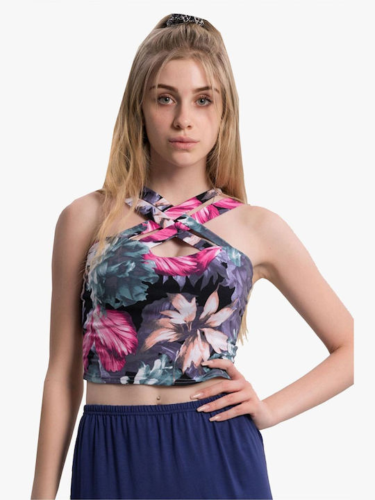 BelleFille Damen Sommerliches Crop Top Ärmellos Blumen Mehrfarbig