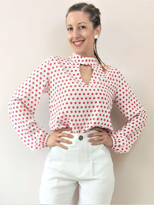 Langärmelig Damen Hemd Weiß Polka Dot