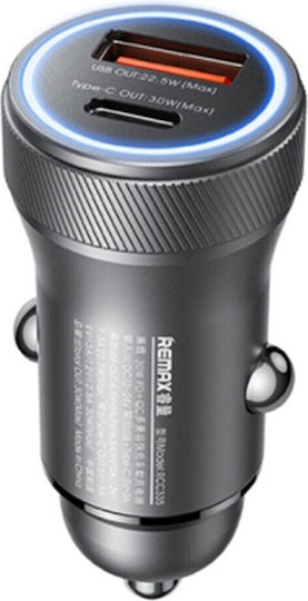 Remax Series Car Charger 30W 5A Fast Charging with Ports 1xUSB 1xType-C Black Colour