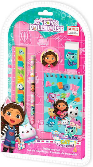 Kids Licensing Gabby's Dollhouse Kids Stationery Set with Pencil, Sharpener, Eraser, Notepad and Ruler 5pcs