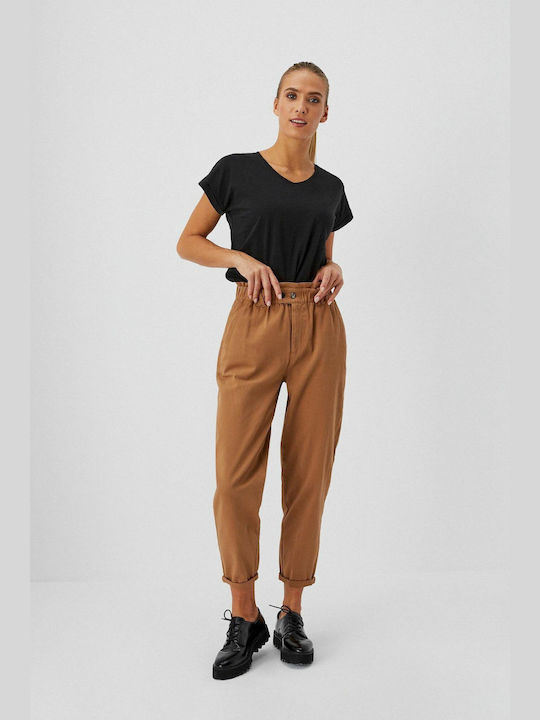 Make your image Women's High-waisted Cotton Trousers in Paperbag Fit Brown