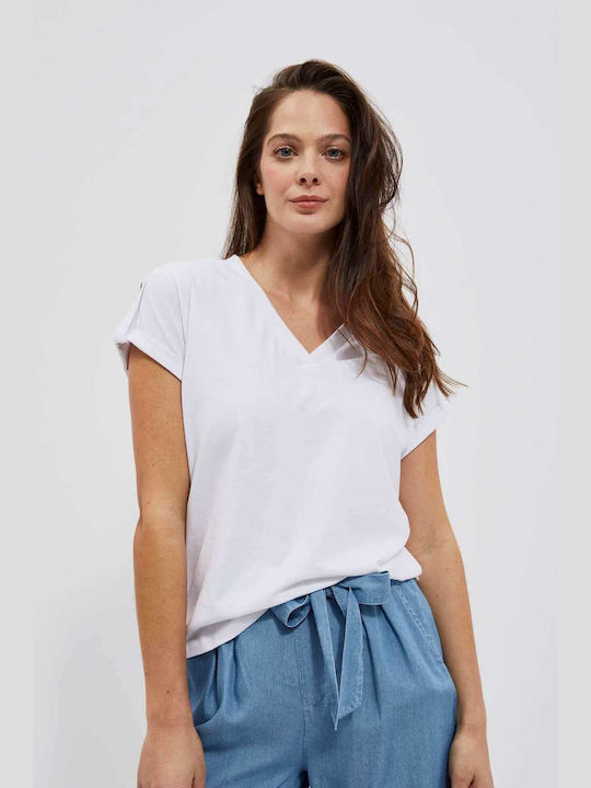 Make your image Women's Summer Blouse Cotton Short Sleeve with V Neckline White
