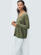Women's Long Sleeve Sweater Woolen with V Neckline Green